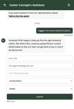 Chat assistant collecting a buyer’s name, email, country and state before suggesting casters